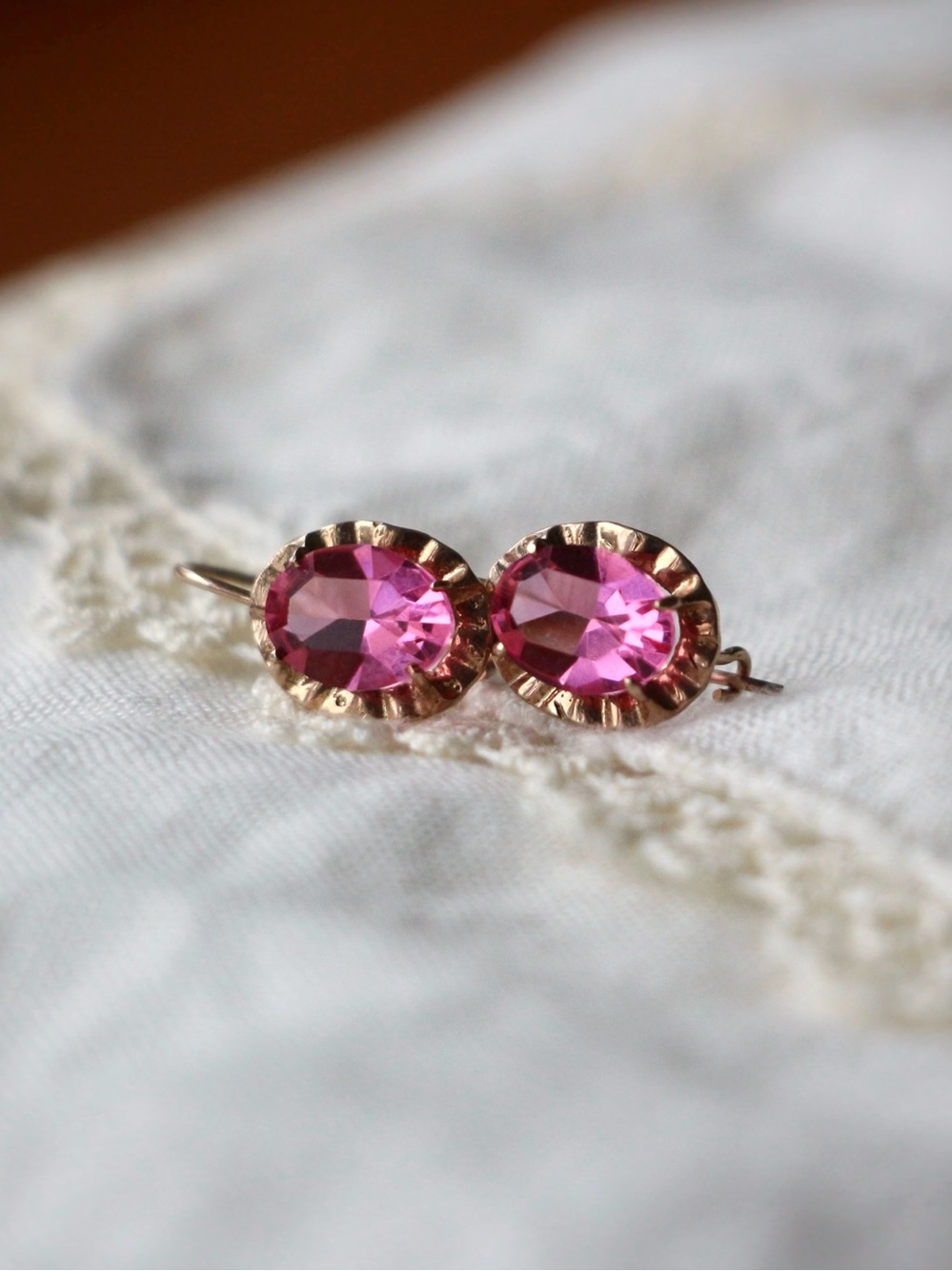 1940-1960's Soviet Union 14k Gold and Pink Glass Drop Earrings